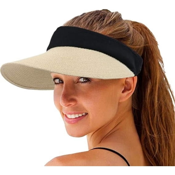 Sun Hat, Visor Hats for Women, 4.7'' Extra Large Bill Foldable Beach Hat Can Deeply Shade Your Ears Eyes Chins and Neck is the Best-Match Summer Accessory, Beige