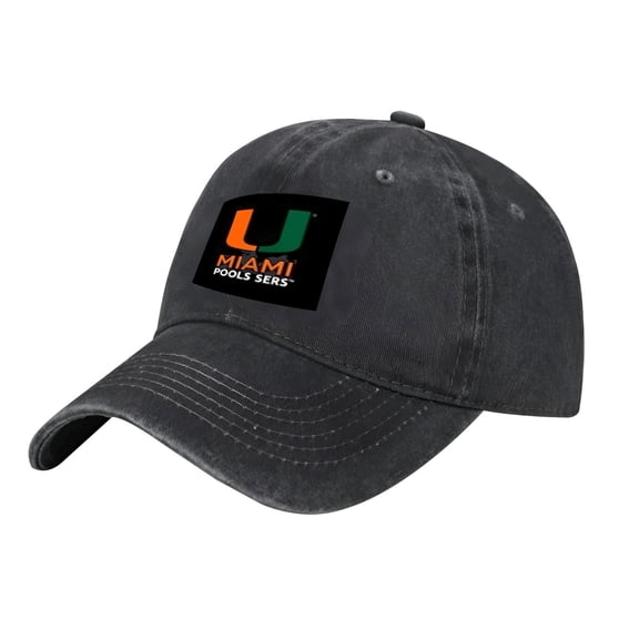 Adjustable Vintage Cotton Washed Distressed Baseball Cap - Dark Gray with Black Front Panel & University of Miami - Golf Dad Hat for Men & Women