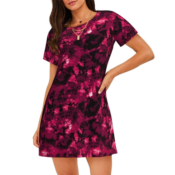 Balery Burgundy Tie Dye Camisón de manga corta con cuello redondo para mujer, cómodo y elegante.