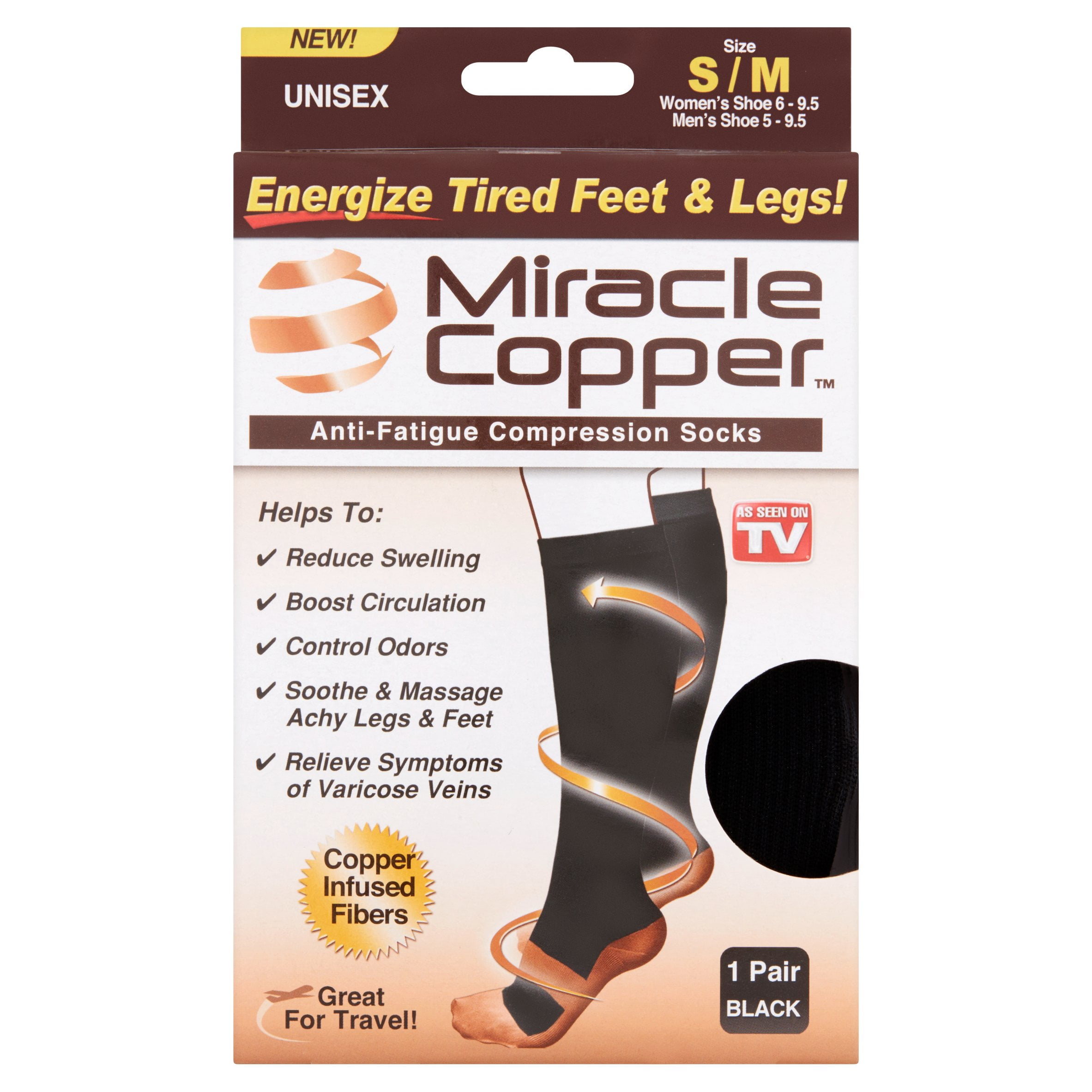 3 Pairs Copper Infused Socks Anti Fatigue Compression 20-30mmHg Black UNISEX US 