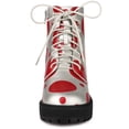 thumbnail image 2 of Botas de combate de tacón grueso con estampado de patrón de plataforma con cordones para mujer rojo plata 36, 2 of 5