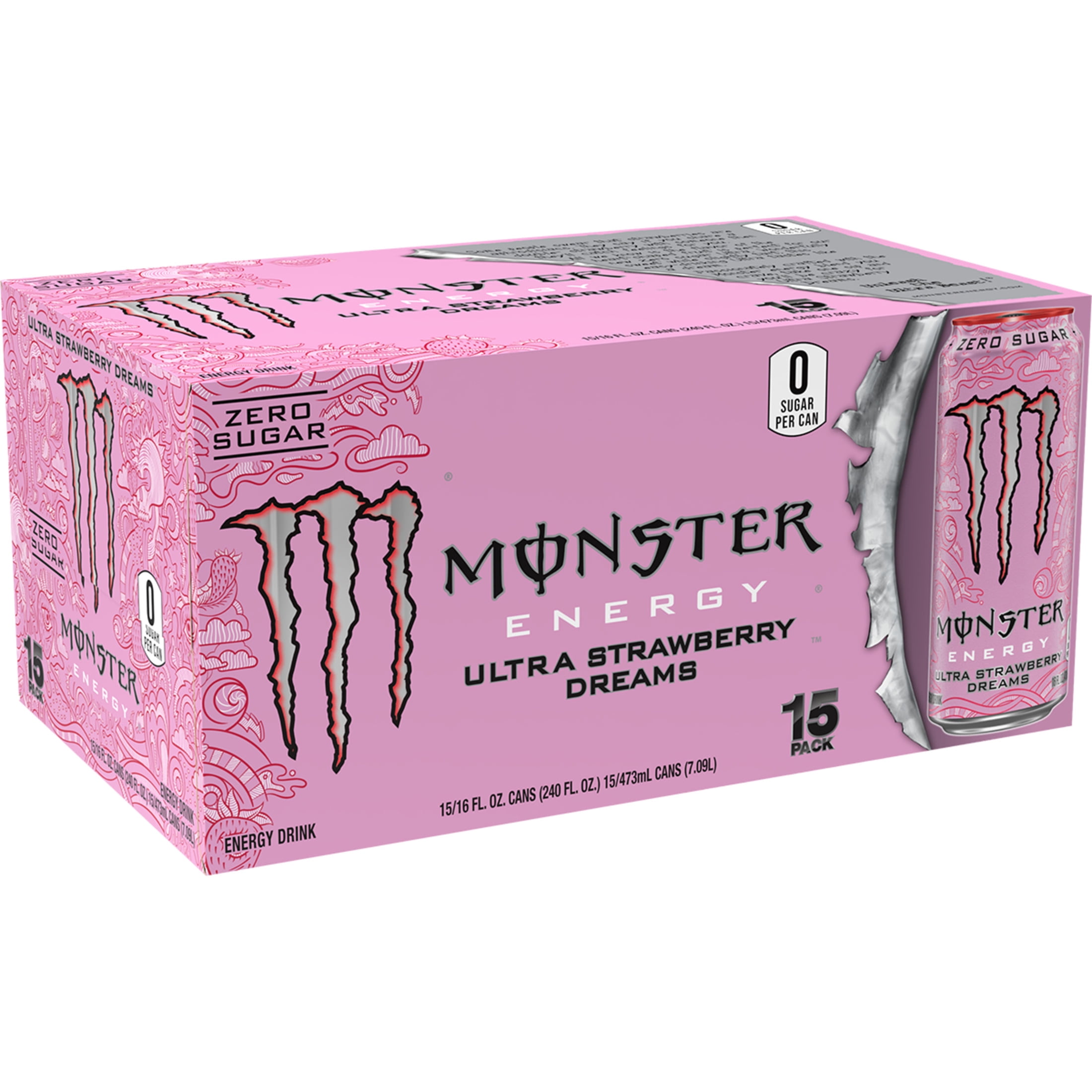 Monster Energy Ultra Strawberry Dreams Energy Drink, Zero Sugar, 15-Pack, 16 Oz Cans