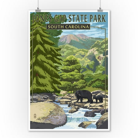 Jones Gap State Park, South Carolina - Creek & Bear Family - Lantern Press Poster (9x12 Art Print, Wall Decor Travel