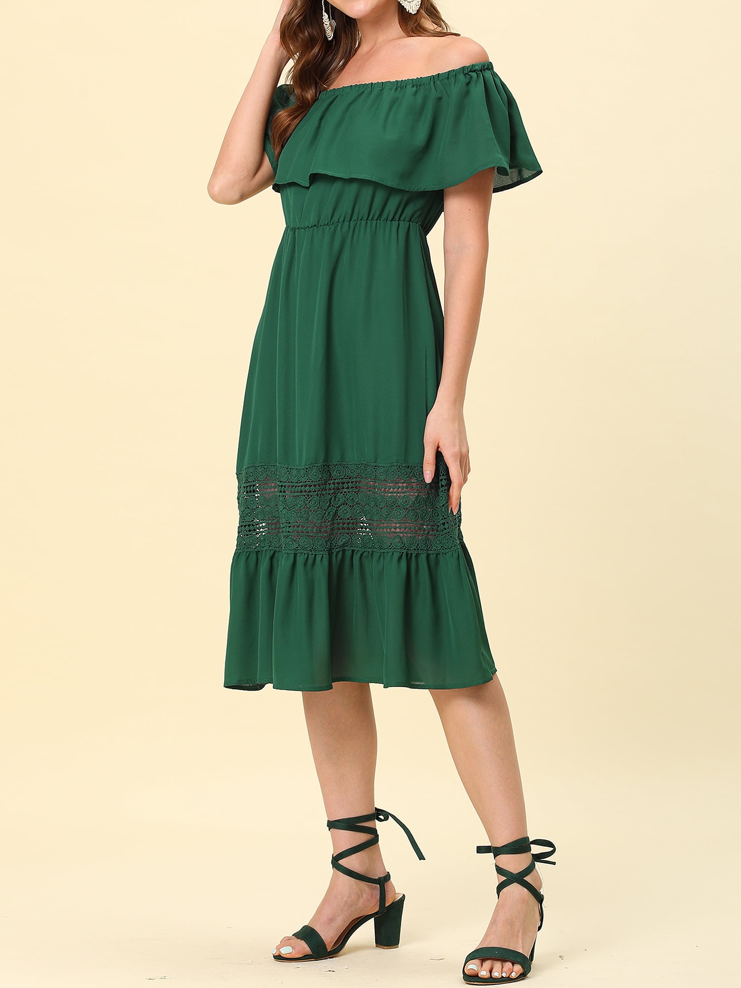 DARING DIVA Women's Off Shoulder Flutter Sleeve Maxi Dress L Dark Green