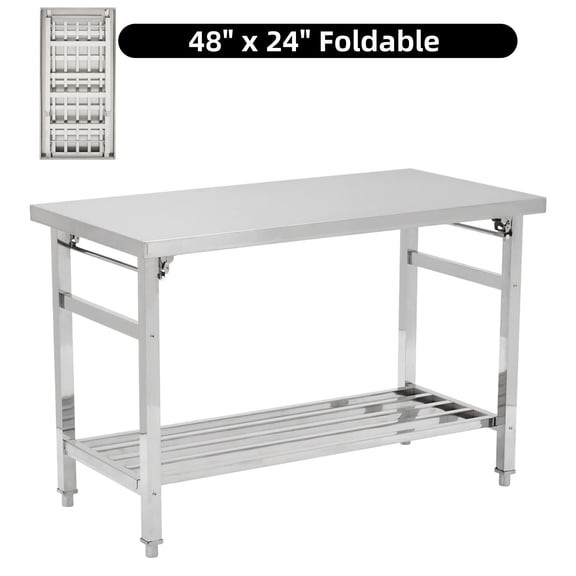 Stainless Steel Prep Table 48x24 Inch, Commercial Heavy Duty Folding Work Table with Adjustable Undershelf for Kitchen Dining Home