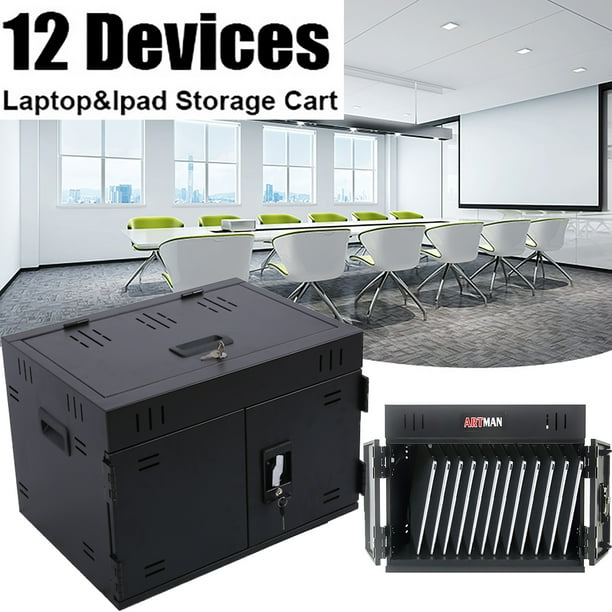 Black Table Top Charging Storage Cart, 12Device Lockable Metal Office