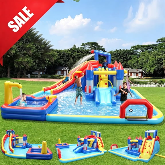 HNH 10 in 1 Inflatable Water Slide Kids Bounce House with Splash Pool & Water Gun & Basketball & Climbing Wall & Dual Pools & Soccer,650W Air Blower, 18.92x17.08FT