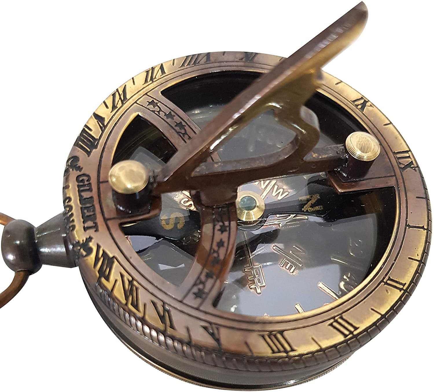 Antique Finish Nautical Maritime Compass Brass Pocket Sundial Compass w/ Lid 
