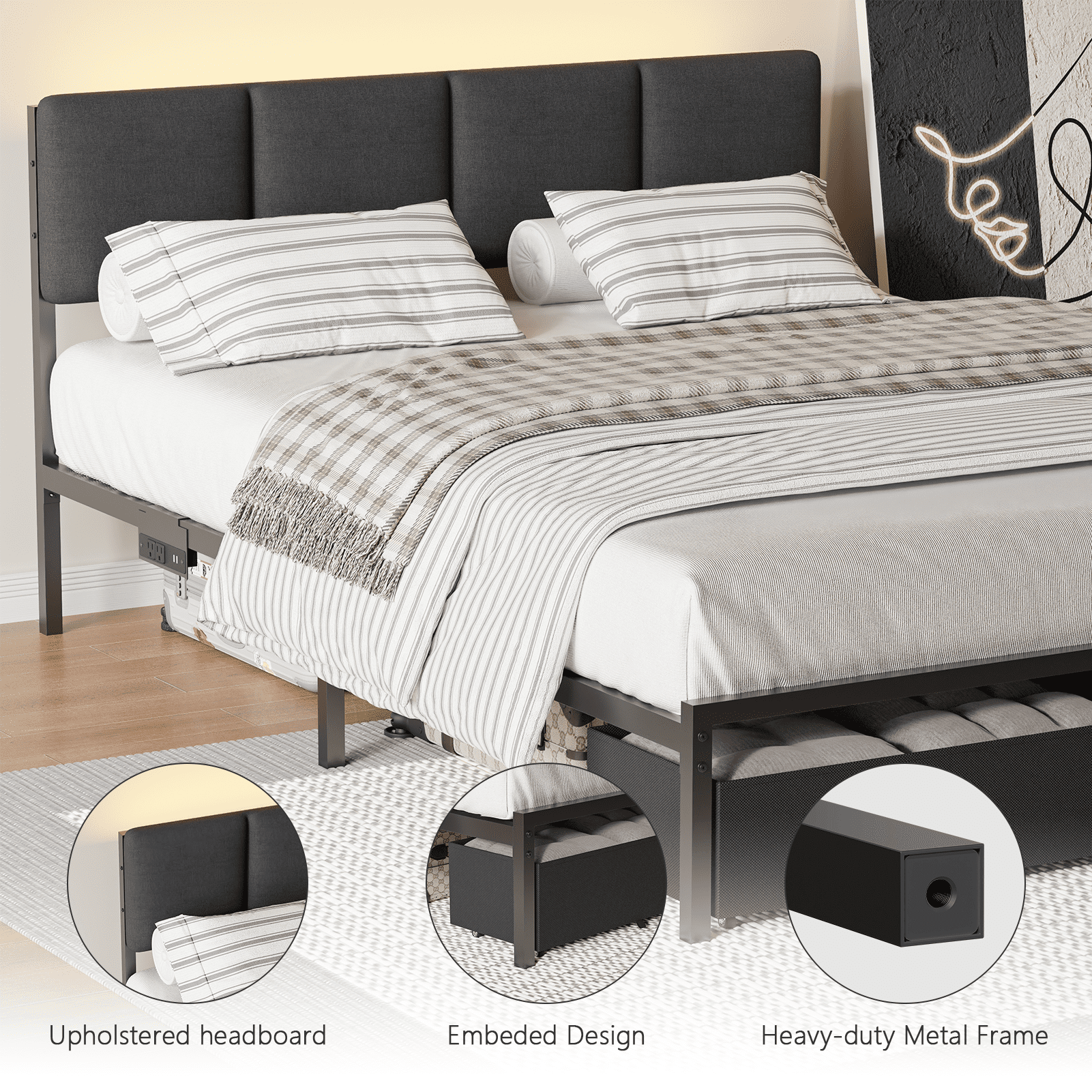 Tydimor Queen Upholstered Sturdy Metal Bed Frame with LED Lights, 2 Storage Drawers & Charging Station