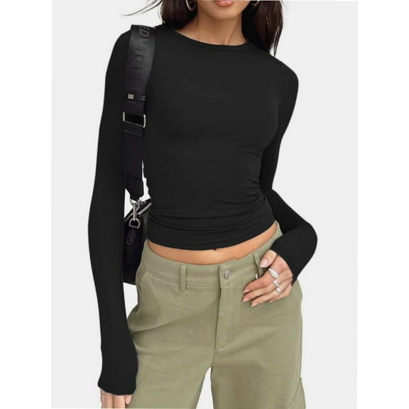 Womens Crew Neck Basic Long Sleeve T Shirt Slim Fit Tees Fall Going Out Crop Tops Cute Tight Shirts
