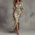 thumbnail image 4 of Green Floral Print Satin Mermaid Midi Dress With Ruched Body, V-Neck, Ruffle Sleeves And High Slit, 4 of 8