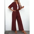 thumbnail image 5 of Women'S Casual 2 Piece Set V-Neck Short-Sleeved Tops Straight Wide Leg Pants Outfit Deep Red M, 5 of 9