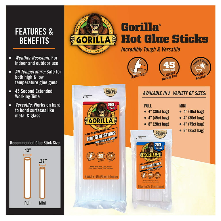 Gorilla Dual Temp Mini Hot Glue Gun Kit with 75 Hot Glue Sticks & Dual Temp  Full-Size Hot Glue Gun, Orange