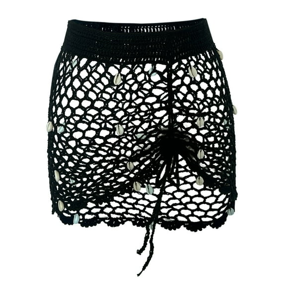 "Handmade Crochet Beach Cover Up Skirt With Drawstring Pendant And Side Hollow Design