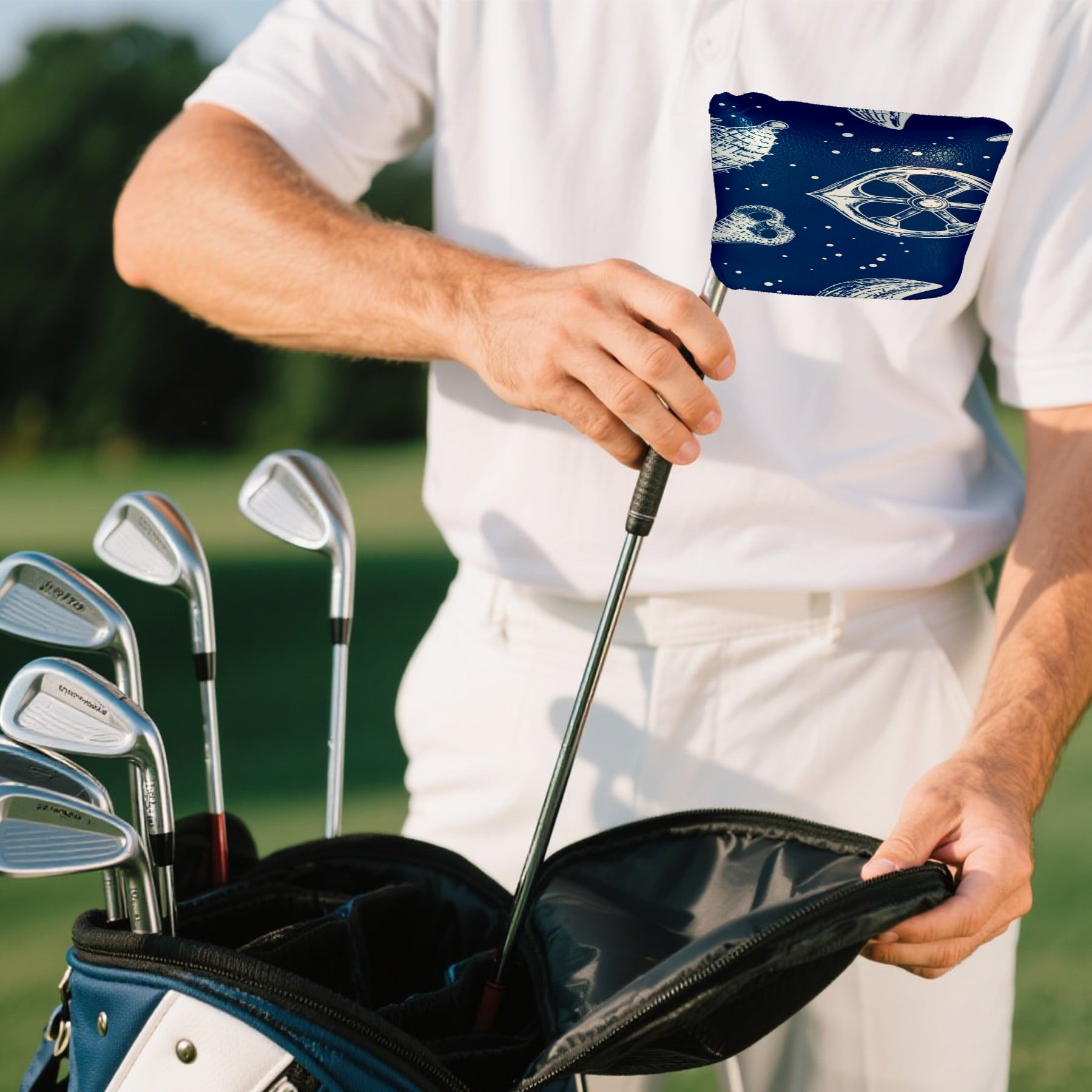 Golf Mallet Putter Cover Premium Leather Waterproof Golf Putter Head Cover with Magnetic Closure Ocean-themed Patterns