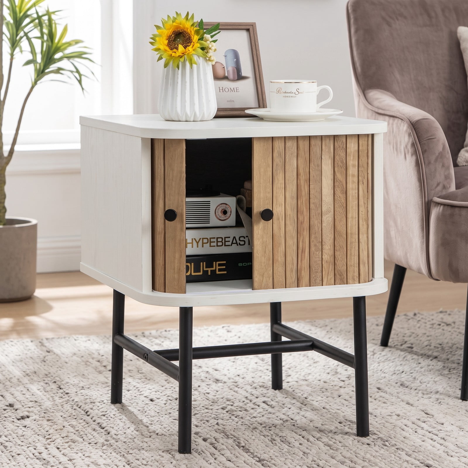 Furnibear Mid-century Modern Nightstand with Sliding Doors and Storage Cabinet, Compact Bedside Table with Metal Legs for Bedroom, White