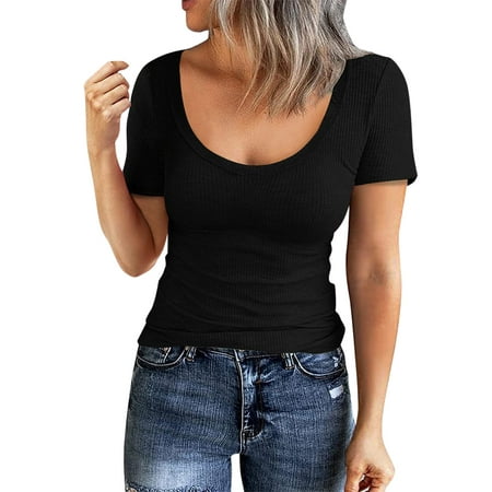 

Noarlalf Womens Tops Women Short Sleeve Scoop Neck Ribbed Fitted Knit Shirt Basic Tight Tshirts Henley Solid Color Summer Tops Short Sleeve Tops Shirts for Women Black XL