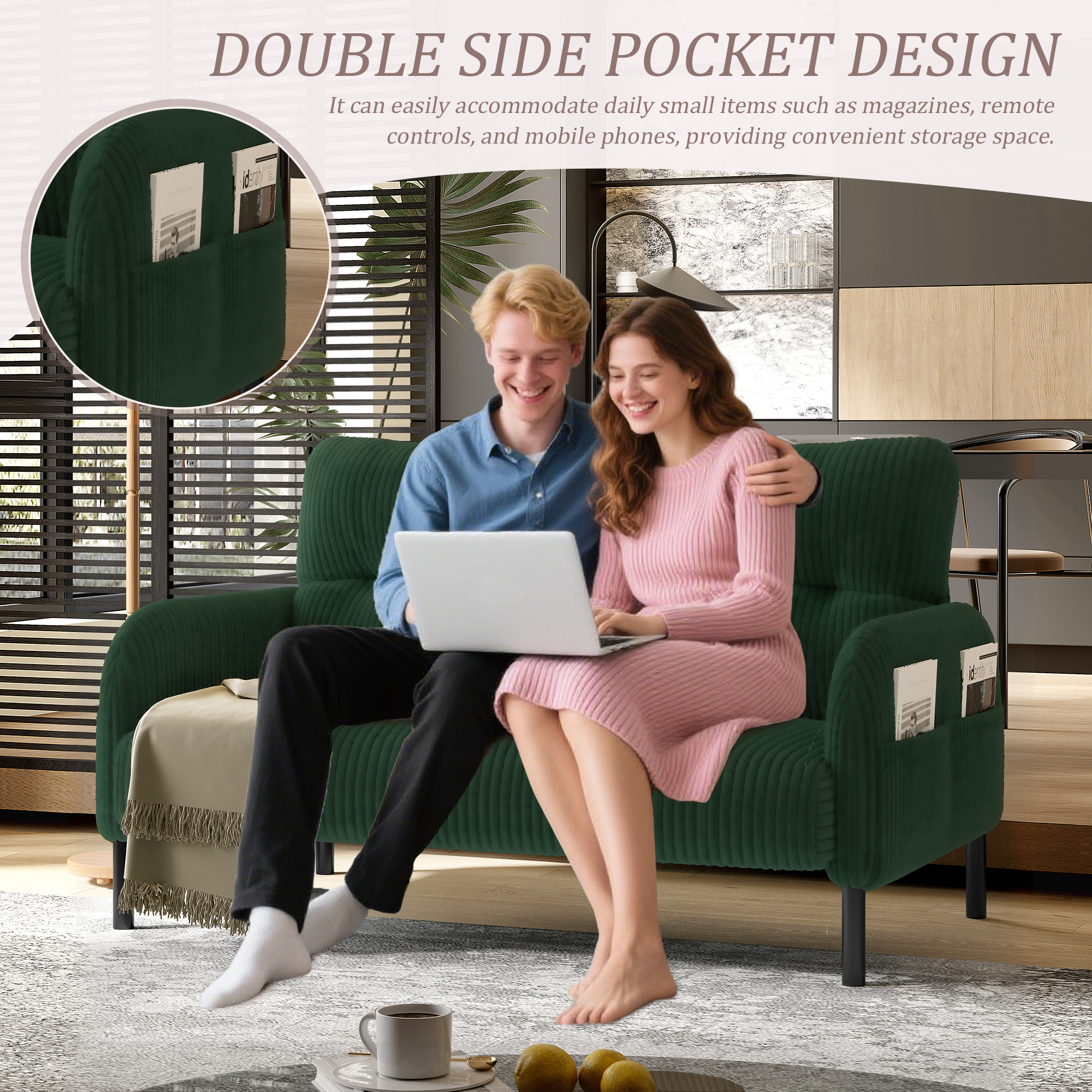 MOONMISS Corduroy Upholstered Tufted Comfortable Wood Frame Loveseats Sofa with Double Side Pocket-Emerald