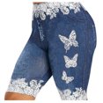 thumbnail image 2 of Trendfront Women's Plus Size High Waisted Butterfly Graphic Print Denim Style Shorts Lace Patchwork Slim Fit Bottoms, 2 of 3