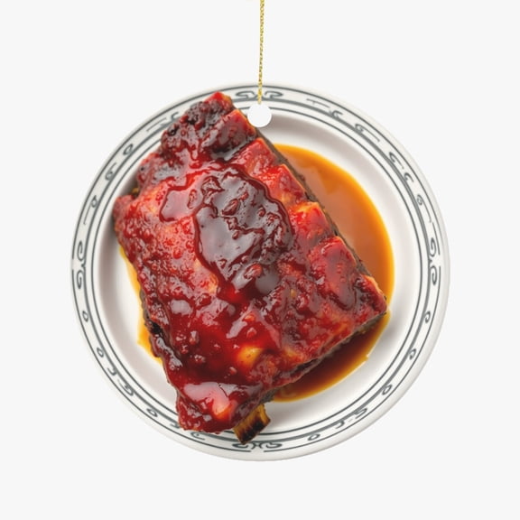 BBQ Ribs, Barbeque Beef Meat Rib Steak Grilling Lovers Christmas Ornament, Food Foodie Novelty Xmas Tree Gift Accessory Funny Ornaments (Flat Design Printed on Ceramic, NOT 3D)