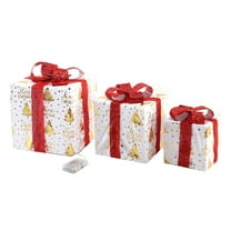 Set of 3 Christmas Lighted Gift Boxes Decorations Indoor, Pre-lit 48LED White Boxes with Gold Christmas Tree and Red Bows, Battery Operated Christmas Lights Decor for Home Party Holiday