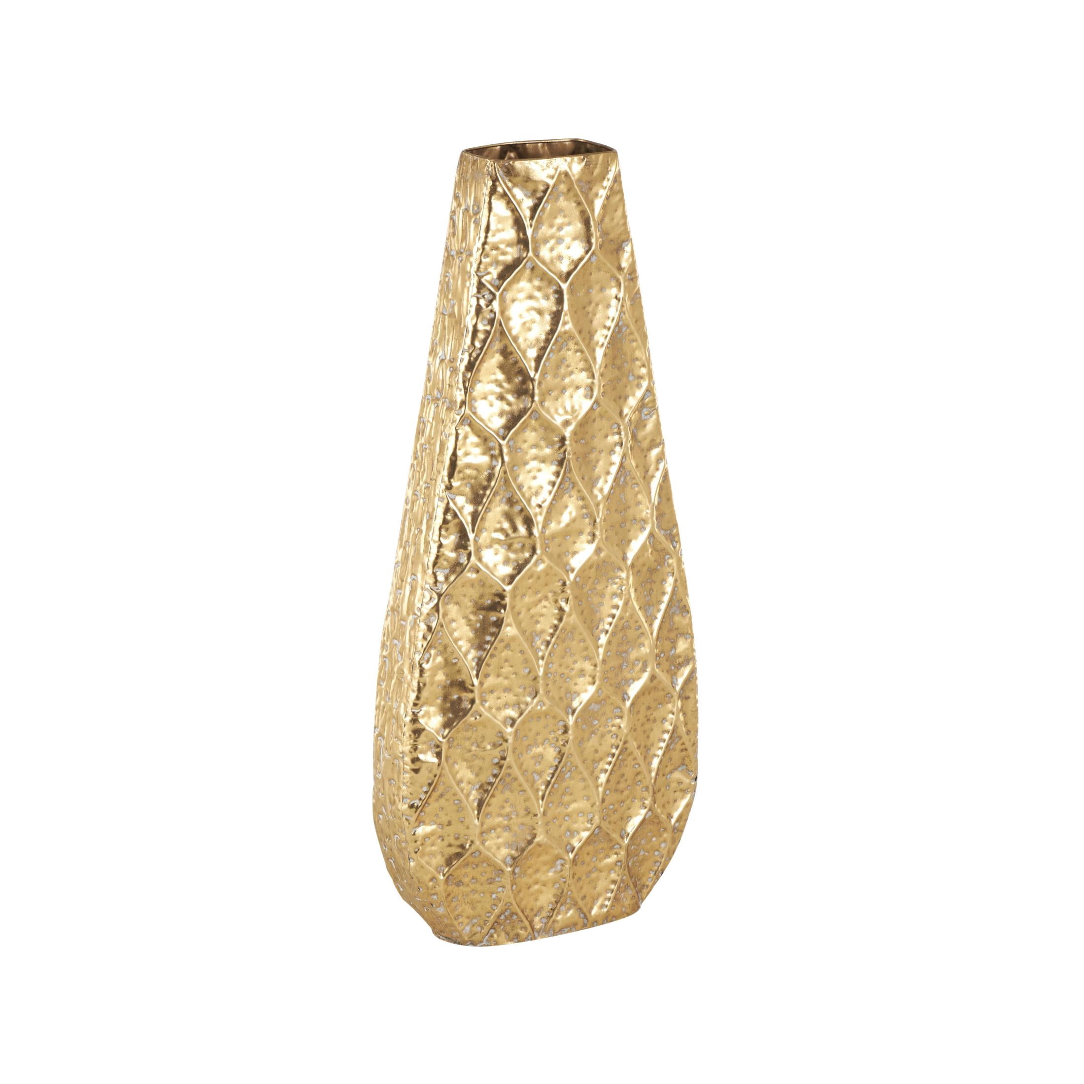 DecMode 34" Textured Concaved Teardrop Gold Metal Vase with Peacock Inspired Design