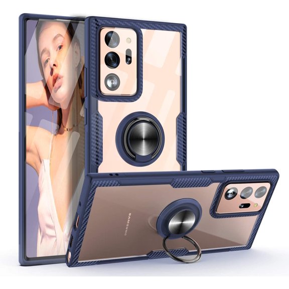 Galaxy Note 20 Ultra Case,Carbon Fiber Design Crystal Clear Cover with Rotation Ring Kickstand [Work with Magnetic Car Mount] for Samsung Galaxy Note 20 Ultra, Blue