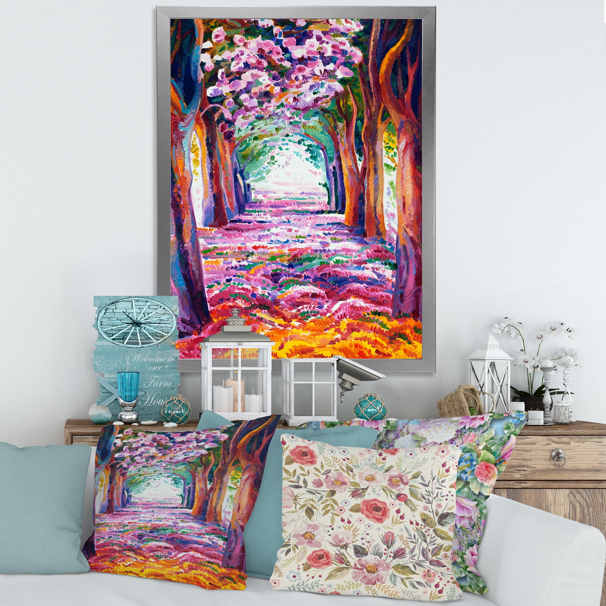 Pink Flowering Colorful Spring Forest 12 in x 20 in Framed Painting Canvas Art Print, by Designart