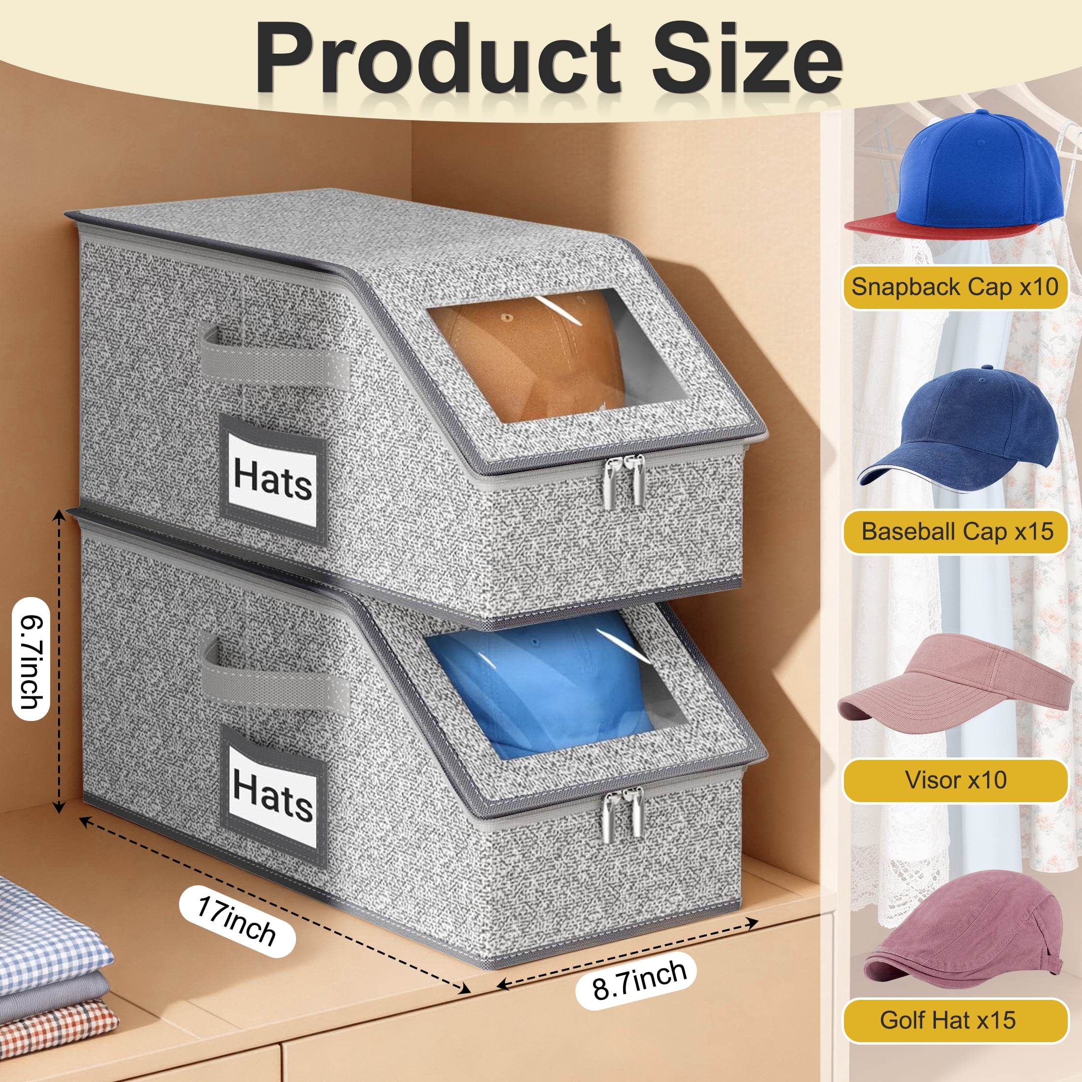 2 Pack Hat Storage, Stackable Hat Organizer Holder, Baseball Caps Organizer, Sturdy Hat Boxes for Cardboard Home Storage