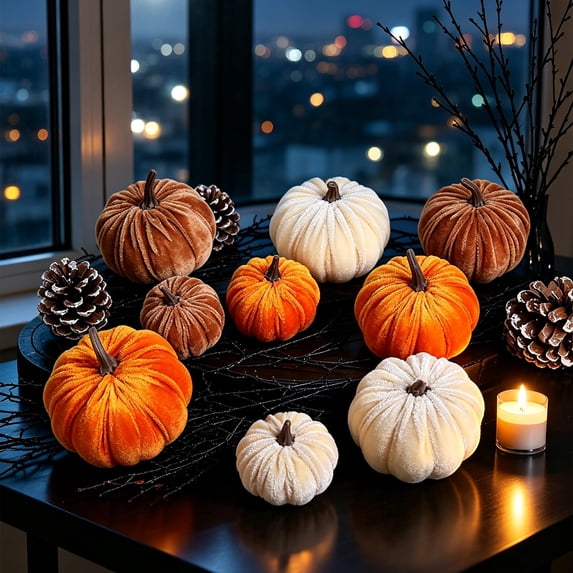 Velvet Pumpkins Halloween Decor, Fall Artificial Pumpkins, Autumn Pumpkin Set for Table Centerpiece Mantel Shelf Tray Cloche Farmhouse Thanksgiving Home Decor