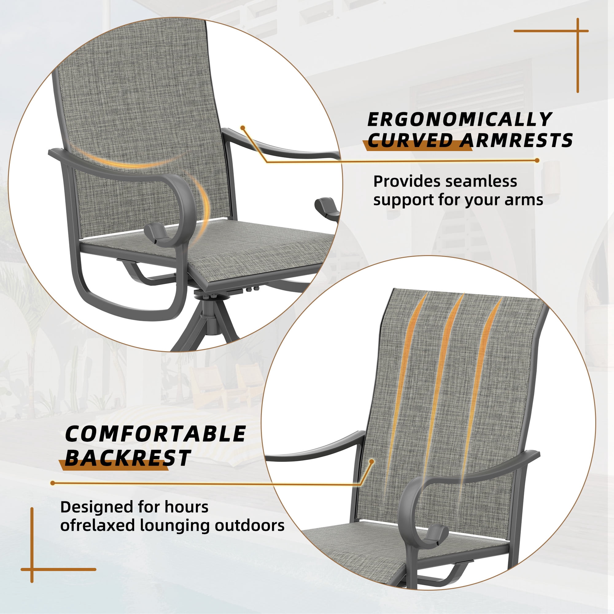 Zidtia Patio Swivel Rocker Chairs Set of 2, High Back Outdoor Dining Chairs with Sturdy Metal Frame, All-Weather Swivel Chairs,Gray