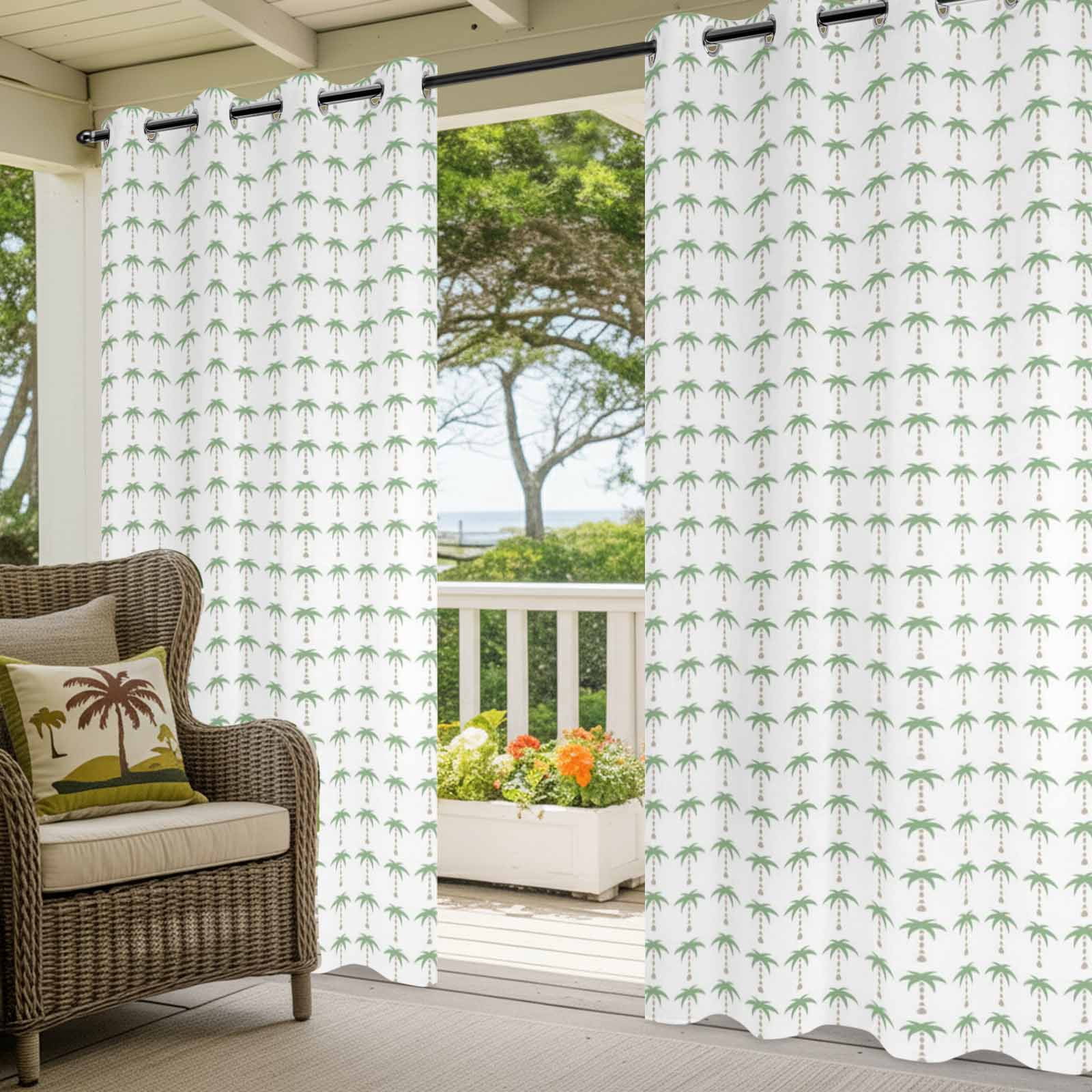 Palm Trees Outdoor Curtains for Patio, Summer Vintage Nautical Coastal Beach Ocean Green Tree Sunshade Privacy Drapes Grommet Waterproof Outside Curtains for Porch/Cabana/Balcony 54"x 108", 1 Panel