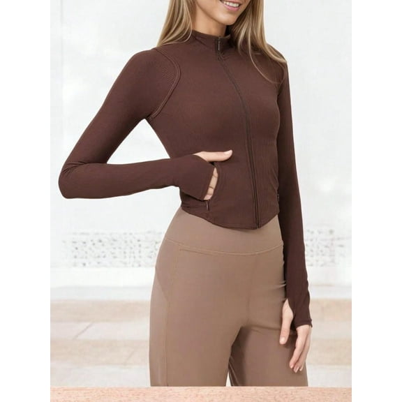 Women's Fitted Long Sleeve Athletic Top with Zipper Closure and Thumbhole Cuffs- Small, Brown