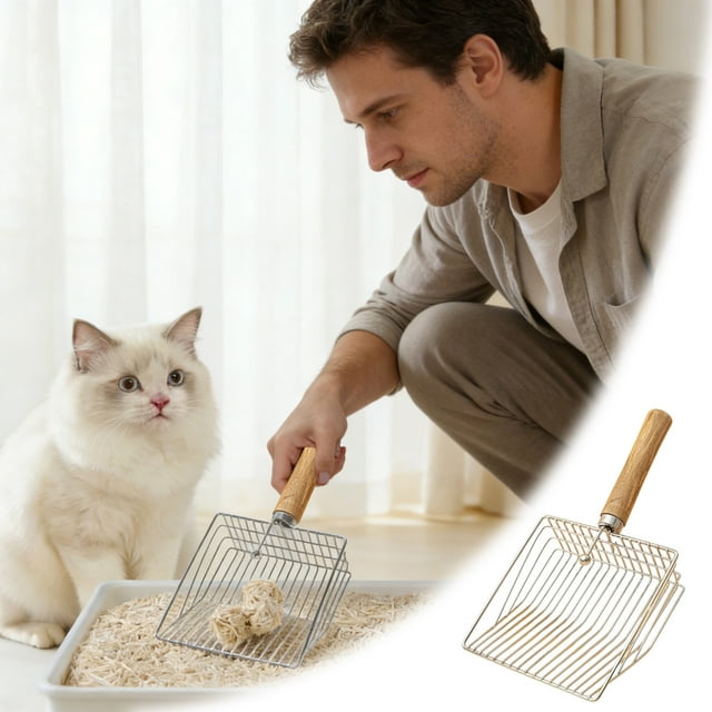 BotaniNest Wooden Handle Metal Litter Large Cat Waste Sif Ter With 7mm Slots (11