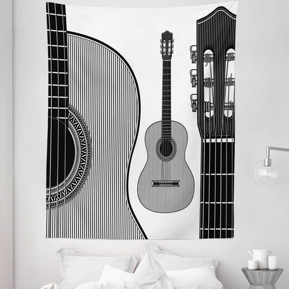 Guitar Tapestry, Monochrome Design Striped Acoustic Classical Instruments Folk Country Music Concert, Fabric Wall Hanging Decor for Bedroom Living Room Dorm, 5 Sizes, Black White, by Ambesonne