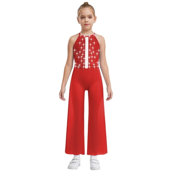 TTAO One Piece Rompers Overall for Girls Rhinestones Dance Bodysuit Disco Party Wide Leg Pants Playsuit Red 6