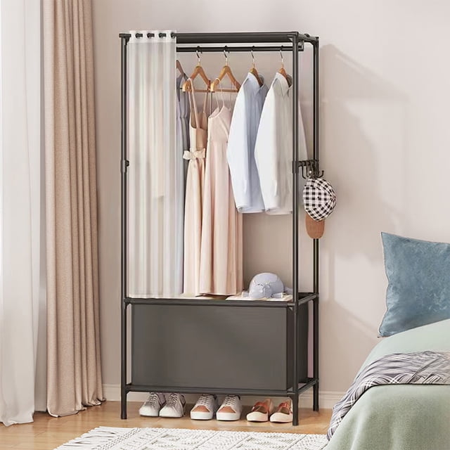 Portable Two Tier Plastic Freestanding Clothes Rack, Shelves & Hanging Rods Easy Assembly, Waterproof Easy Clean, Sturdy Space-Saving For Bedroom Wardrobe Closet Clothes Garment Storage Organization