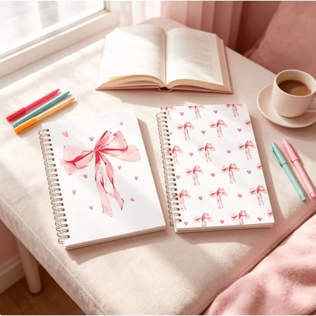 2 Pack A5 Bow‑Knot Coil Journal Notebook Lay‑Flat Writing Diary Premium Smooth Paper Lovely Stationery Gift for Teens Girls Daily Use