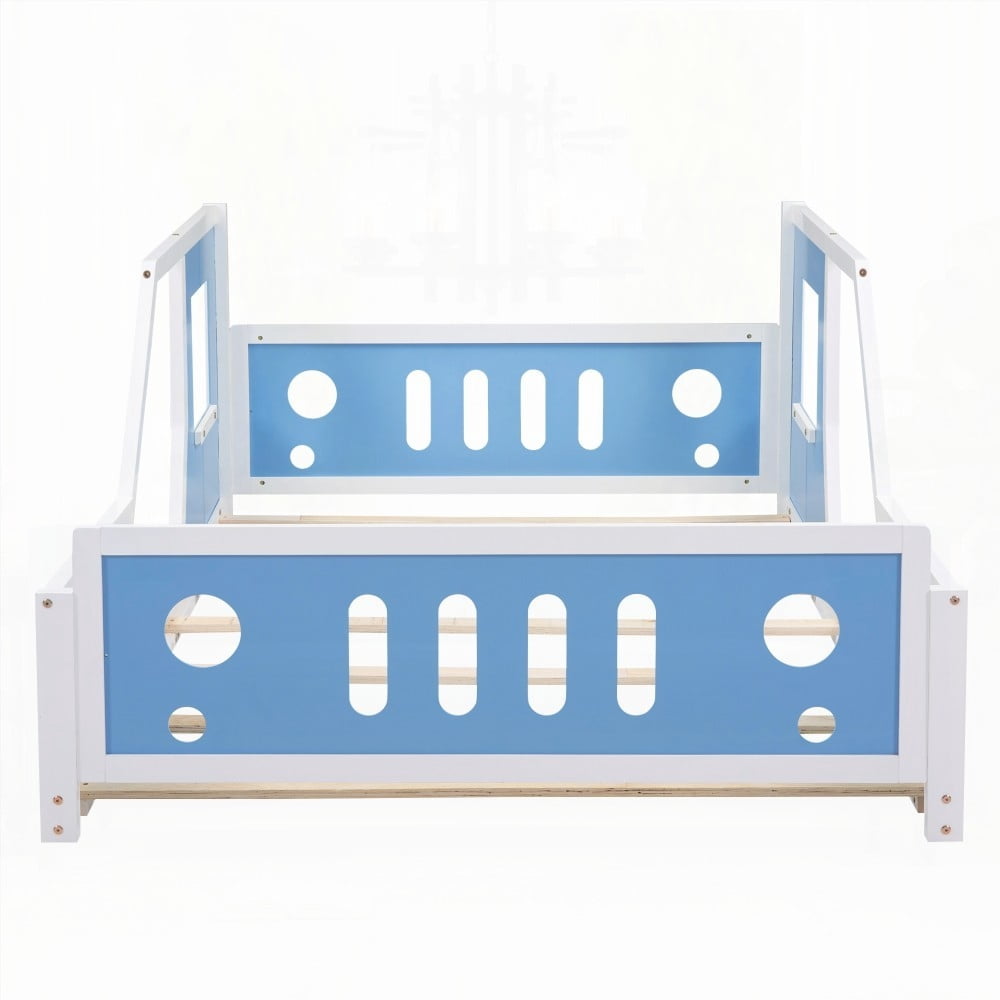 Classic Full Size Blue Car-Shaped Platform Bed on Wheels, Crafted with Pine Wood and MDF