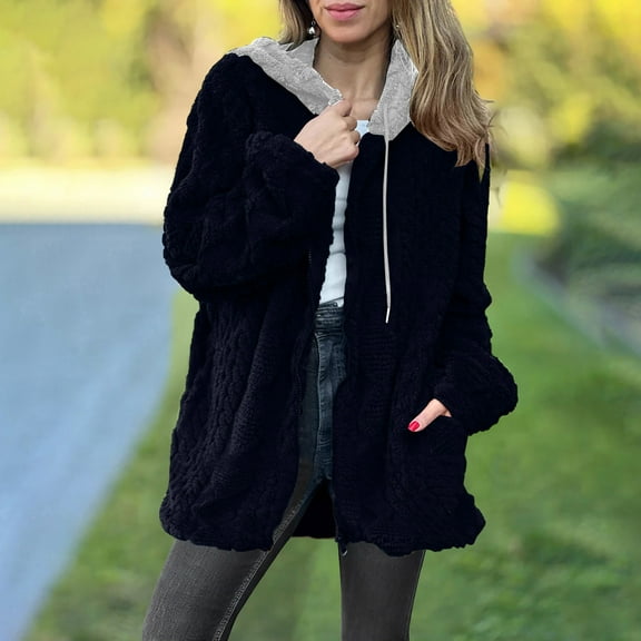 Womens Fuzzy Fleece Jacket Oversized Hooded Zip up Winter Sherpa Coats with Pockets Color Block Drawstring Long Sleeve Warm Comfortable Outerwear Loose Travel Tops