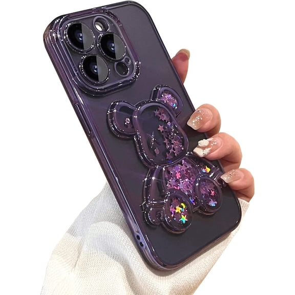 Electroplated for iPhone 14 Pro Case for Women Girls Luxury Liquid Quicksand Case with Camera Protector Glitter Sparkly Bear Slim Clear Shockproof Rubber Protecive Case (Deep Purple)