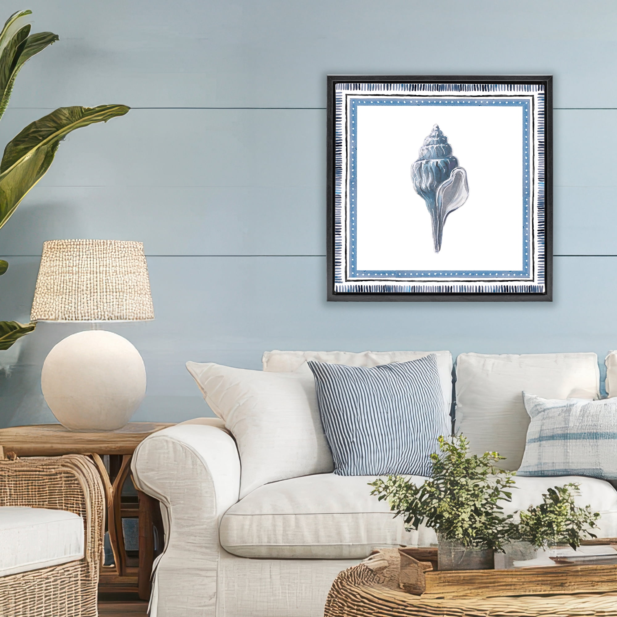 Stupell Industries Soft Blue Conch Shell Black Framed Floater Canvas Wall Art, design by Lanie Loreth