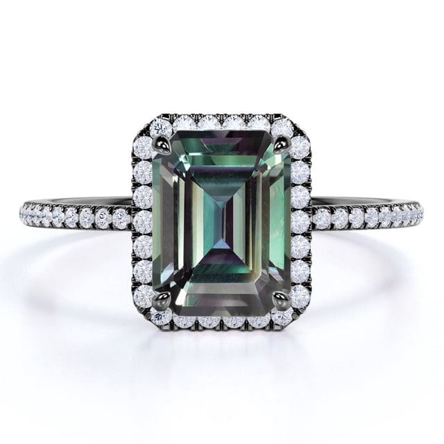 JeenMata Anillo de Compromiso Vintage de 1,75 Quilates con Halo Pavé de Alejandrita y Moissanita Creado en Laboratorio en Oro Negro de 18 K sobre Plata