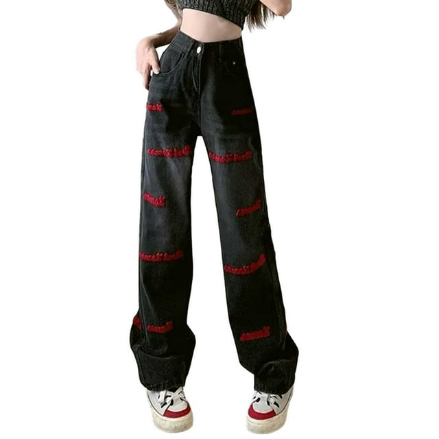 Ketyyh-chn99 Jeans Extensibles Femmes Pantalons de Détente pour Femmes Décontractés Amples Usés Pantalons de Détente Rouge,TG