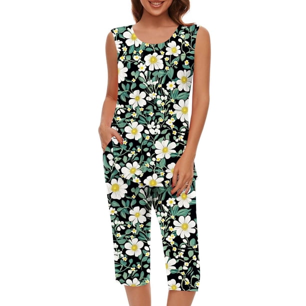 Conjunto de Verano para las Mujeres Impreso Cuello Redondo sin Mangas Y Pantalones, Casual Dos Piezas para las Mujeres