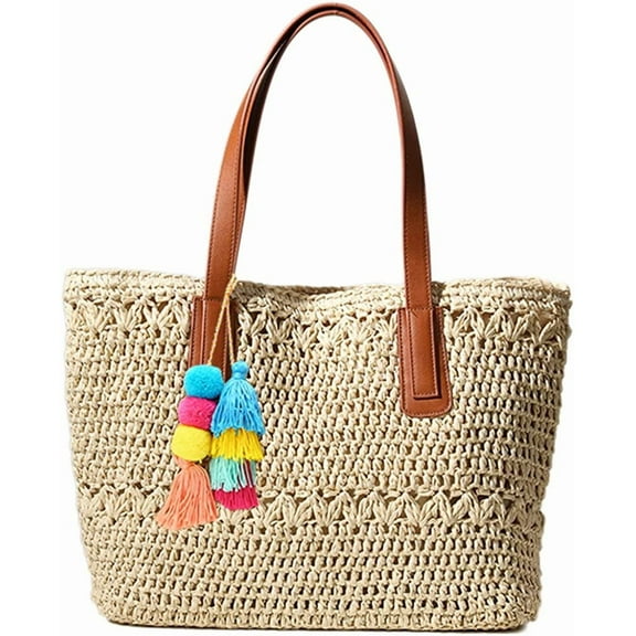 CoCopeaunt Women Beach Straw Bags Pompom Summer Large Tote Bag Handmade Woven Top-handle Shoulder Handbag