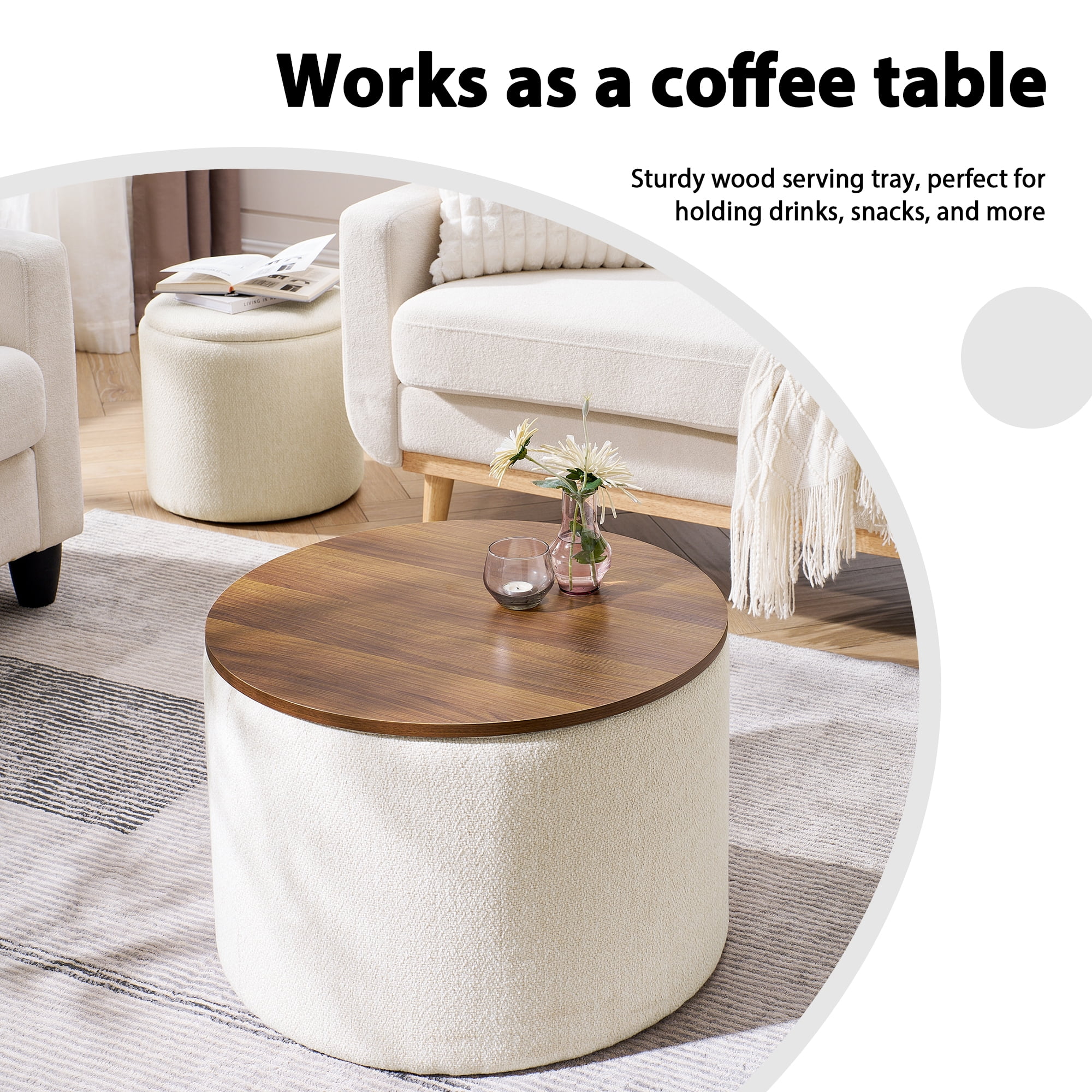 Aukfa 2-Piece Round Storage Ottoman Set,Chenille Coffee Table Footstool & Vanity Stool for Living Room/Bedroom/Entryway,Beige