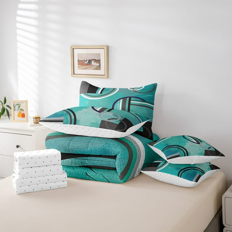 Erosebridal Blue White Grey Ombre Bedding Set Full Size 7-Piece - Oil Painting Comforter Set With Sheets & Pillowcases