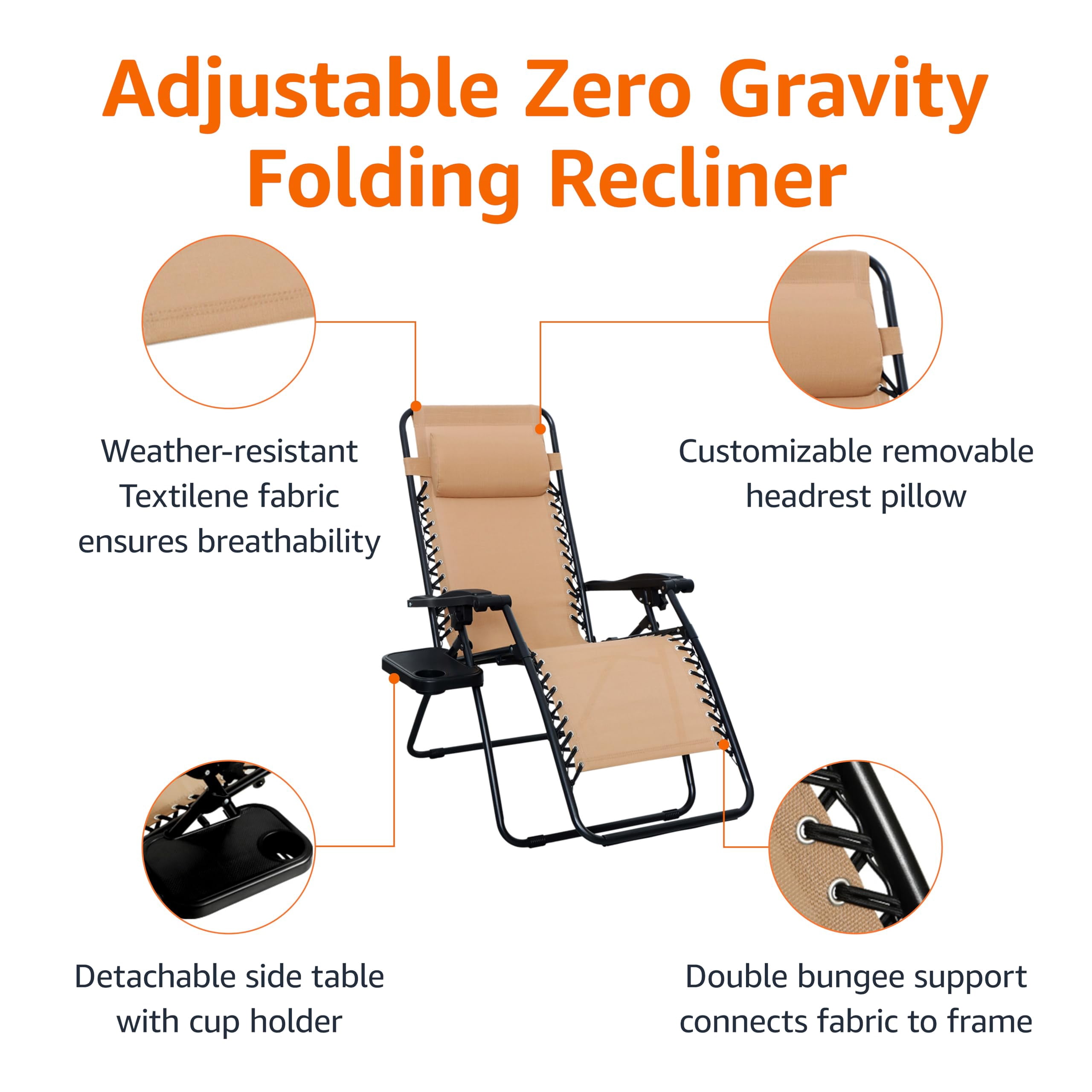 Outdoor Textilene Adjustable Zero Gravity Folding Reclining Lounge Chair Set with Cup Holder, Side Table, Headrest, Weather-Resistant, 35 x 26 x 43 inches, Beige, 2-Pack