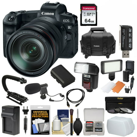 Canon EOS R Full Frame Mirrorless Digital Camera + 24-105mm f/4 L IS Lens with 64GB Card + Cases + Battery + Charger + Flash + LED Light + Mic +